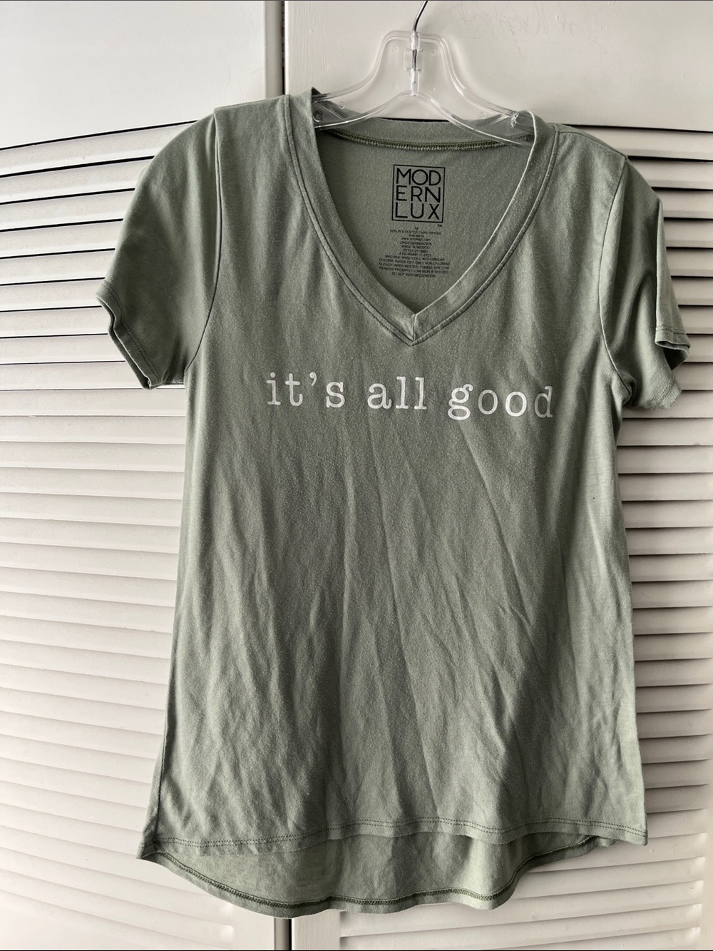 Modern Lux Sage Green Women’s Med V-Neck T-shirt with "it's all good" on front